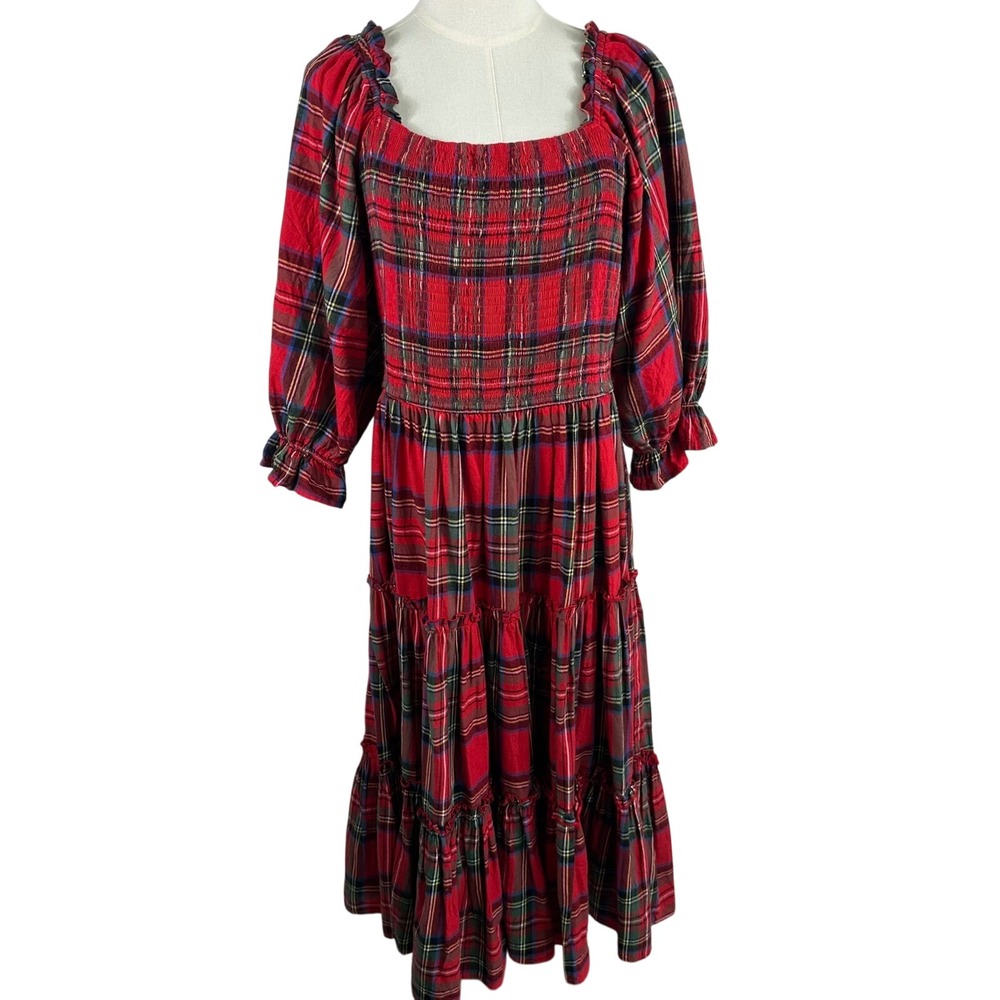 Ivy City Co Madeline Dress XXL 2X Red Holiday Plaid Midi Puff Sleeve Smock